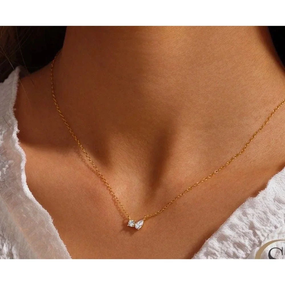 Pear & Round CZ Cluster Necklace 925 Sterling Silver 18k Gold Plated